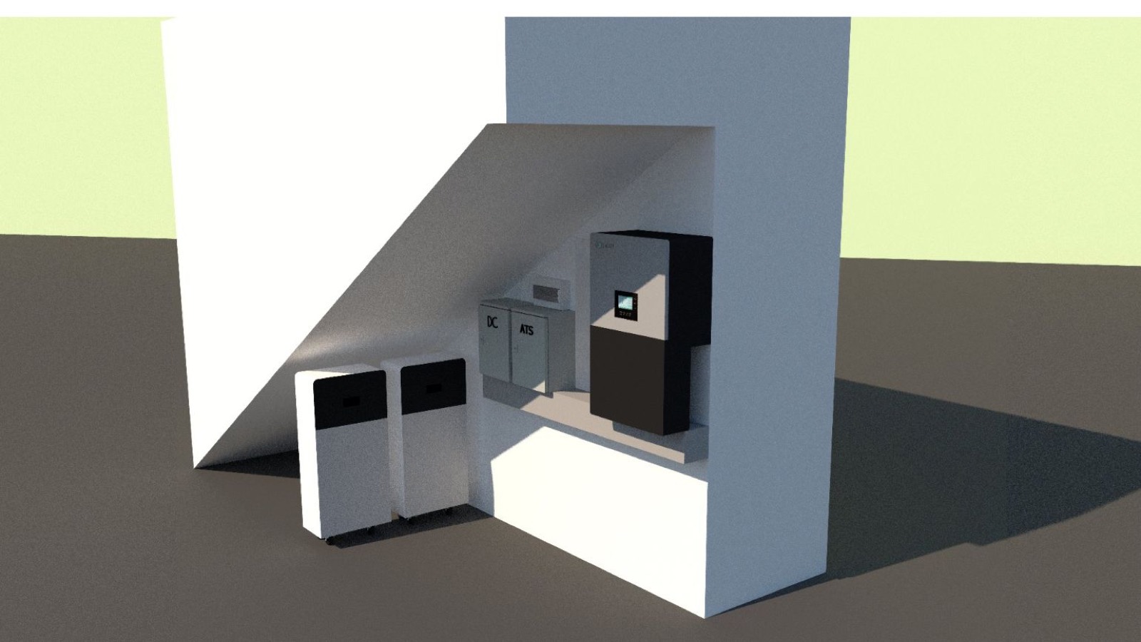 Render de cuarto técnico con banco de baterías para respaldo energético