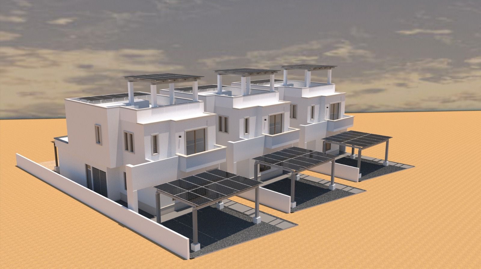 Render de viviendas con cocheras y pérgolas fotovoltaicas